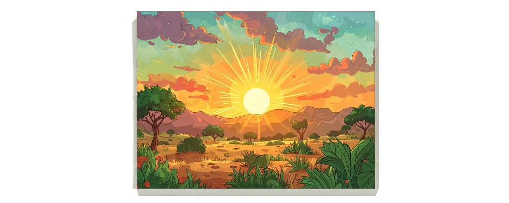 Firefly_sunrise in africa on a blank white background 701697